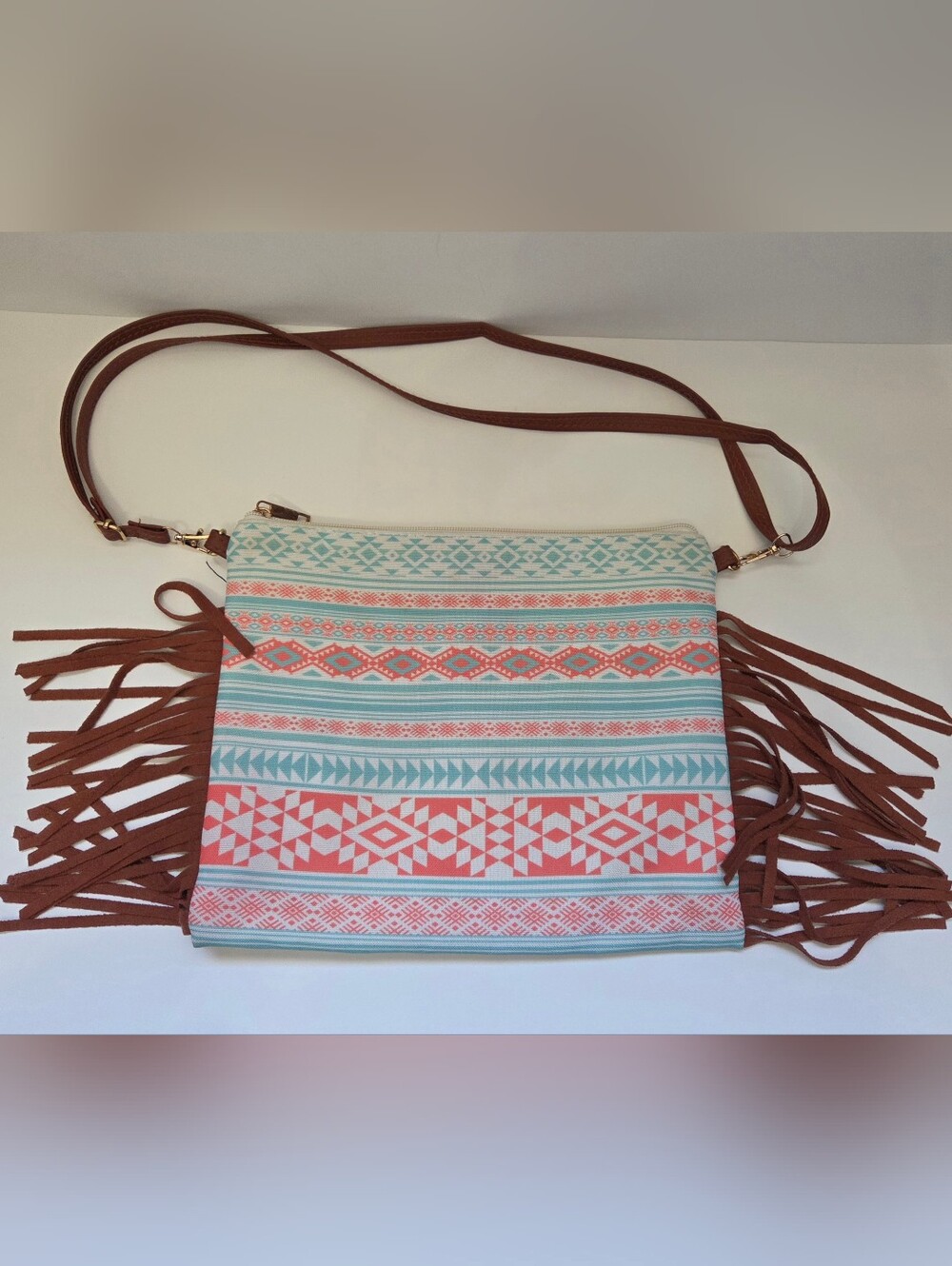 Boho Geometric Stripe Crossbody Bag Purse Coral Teal White